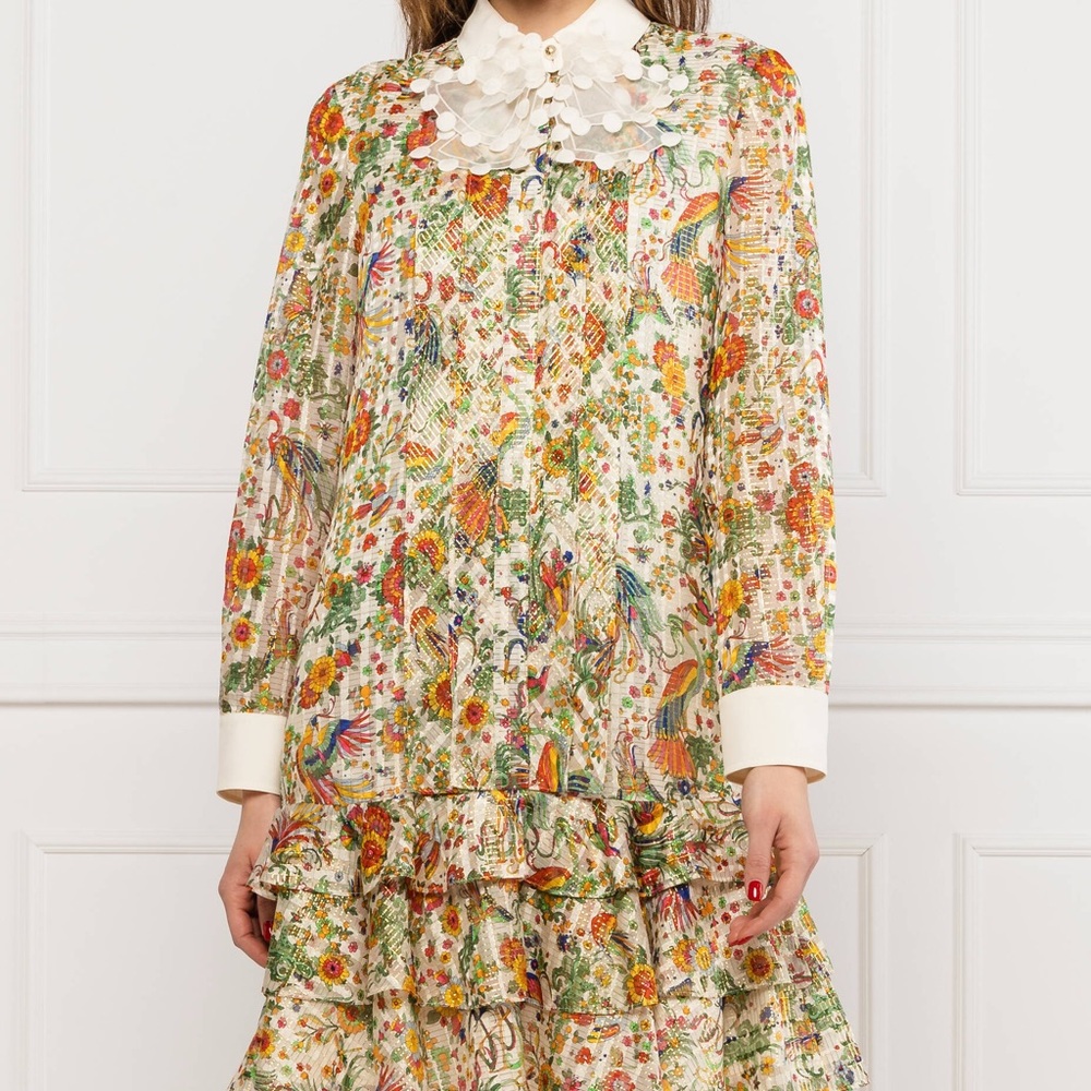 Tory Burch Cream Collared Floral Blouse with Pom Trim